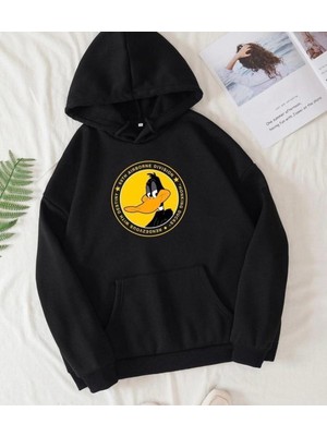 Frefly Store Tarzsokak Siyah Oversize 0 Yaka Kapşonsuz Daffy Duck Baskılı Pamuklu Sweatshirt, Siyah, S