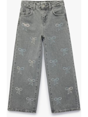 Frefly Store Fiyonk Nakış Detaylı Pamuklu Geniş Paça Denim Pantolon