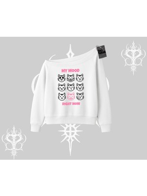 Frefly Store Tarzsokak My Mood Right Now Yazılı Sevimli Kedi Kayık Yaka Sweatshirt, Beyaz, M