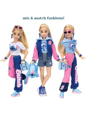 Frefly Store Disney Ily 4ever Stitch Moda Bebek, Kolej Ceketli ve Aksesuarlı, 29 Cm, 13 Hareket Noktası, Jakks Pacific'den Resmi Lisanslı Kombine Edilebilir Aksesuarlar ve Parlak Mickey Halkası ile Komple