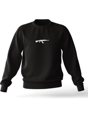 Frefly Store Tarzsokak Siyah Kapşonsuz 0 Yaka Ak-47 Baskılı Pamuklu Unısex Oversıze Sweatshirt, Siyah, M