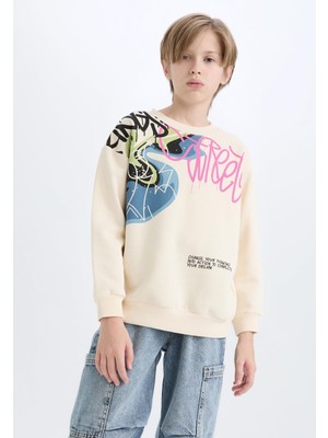 Frefly Store Defacto Erkek Çocuk Oversize Geniş Kalıp Bisiklet Yaka Baskılı Sweatshirt D7114A824WN