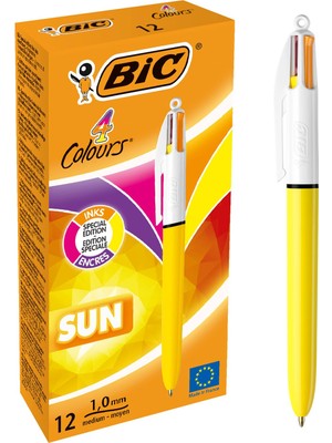 Frefly Store Bıc 4 Colours Sun Tükenmez Kalem, 12'li Kutu, 1.0mm Uç, Tek Kalemde Sarı, Mor, Turuncu ve Pembe Renkler