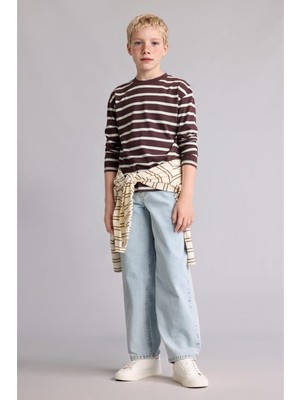 Frefly Store DEFACTO%100 Pamuk Oversize Bisiklet Yaka Uzun Kollu Çizgili Kahverengi Tişört Erkek Çocuk H2848A826AU