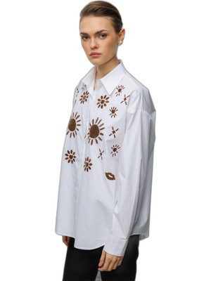 Frefly Store Ekol Kadın Taş Işlemeli Desenli Pamuk Gömlek 2820 Beyaz