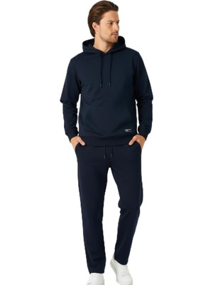 Frefly Store Metalıc Lacivert Regular Fit Kapüşonlu Cepli Sweatshirt Düz Paça Erkek Eşofman Takımı Xl