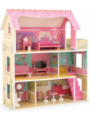 Frefly Store Vardem 10 Parça Ahşap Ev Seti, 70,2 x 60,5 x 24 cm Mobilyalı Oyuncak Ev, Aksesuarlı Çocuk Evcilik Seti, Ahşap Bebek Evi ve Rol Yapma Oyuncağı TX1055