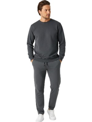 Frefly Store Metalıc Antrasit Relaxed Fit Bisiklet Yaka Sweatshirt Düz Paça Erkek Eşofman Takımı M