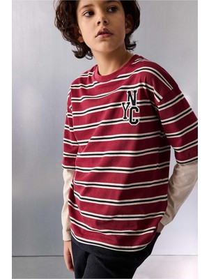 Frefly Store DEFACTO%100 Pamuk Çizgili Baskılı Tişört Erkek Çocuk G0519A826SP