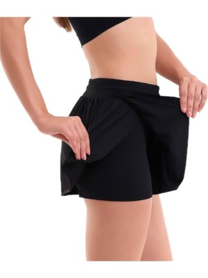 Frefly Store Fancy&dancy Kadın Siyah Yüksek Bel Spor Şort Etek - Bel Kontrolü Olan Yoga Koşu Fitness Şort Etekleri – Şortetek (Siyah, Small)