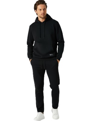 Frefly Store Metalıc Siyah Regular Fit Kapüşonlu Cepli Sweatshirt Düz Paça Erkek Eşofman Takımı L