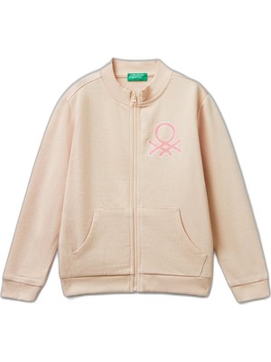 Frefly Store Benetton Kız Çocuk Toz Pembe Simli Logo Baskılı Fermuarlı Ribanalı Regular Fit Sweatshirt, Toz Pembe, 3-4 Yaş