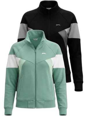 Frefly Store Slazenger Vıctory 2 Li Set Kadın Fermuarlı Dik Yaka Cepli Yeşil - Siyah Sweatshırt