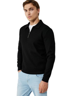 Frefly Store Uzun Kollu Basic Dokulu Yarım Fermuarlı Polo Yaka Sweatshirt