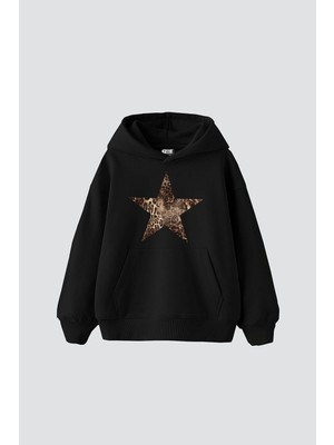 Frefly Store Tarzsokak Leopar Starz Baskılı Oversize Unisex Premium Siyah, SIYAH-335, S