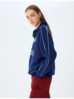 Frefly Store Koton Şardonlu Yarım Fermuarlı Kolej Baskılı Biyeli Oversize Sweatshirt