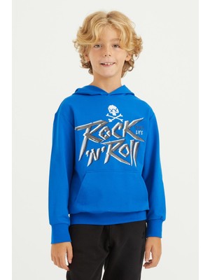 Frefly Store Saks Yazı Baskılı Kanguru Cepli Kapüşonlu Standart Kalıp Erkek Çocuk Sweatshirt - 11002