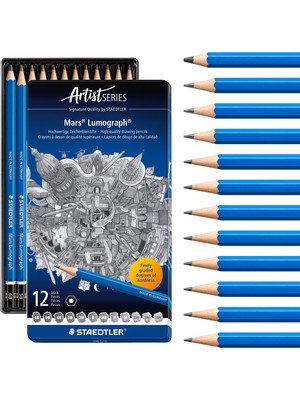 Frefly Store Staedtler 100 G12 Mars Lumograph Kurşun Kalem 12'li Metal Kutuda 8b, 7b, 6b, 5b, 4b, 3b, 2b, B, Hb, F, H, 2h