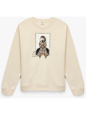 Frefly Store Şardonlu Uzun Kollu Bisiklet Yaka Pamuklu Baskılı Sweatshirt