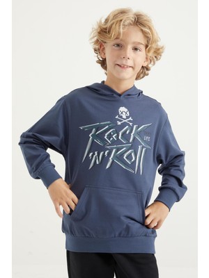 Frefly Store Petrol Yazı Baskılı Kanguru Cepli Kapüşonlu Standart Kalıp Erkek Çocuk Sweatshirt - 11002