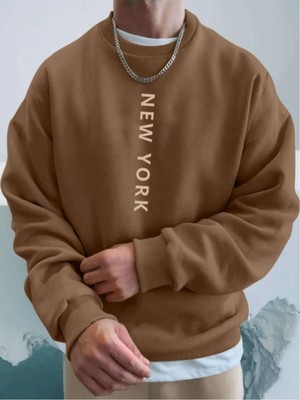 Frefly Store Tarzsokak Kahve Newyork Oversize Bisiklet Yaka Pamuklu Sweatshirt Kahverengi, Kahve, L/xl