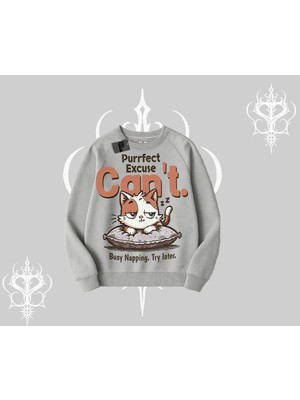Frefly Store Tarzsokak Kedi Baskılı Cant Busy Napping Y2K Biskilet Sweatshirt, Gri, S