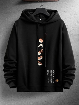 Frefly Store Tarzsokak Harajuka Sokakt Manfinity Hypemode Erkekler Japon Mektup ve Suşi Baskı Siyah, Siyah, Xl