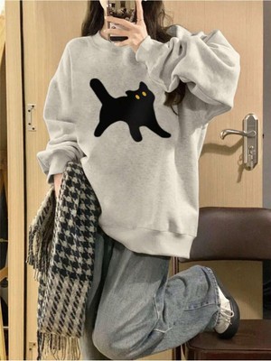 Frefly Store Tarzsokak Kedi Desenli Düşük Omuz Oversize Sweat Gri, Açık Gri, Xl