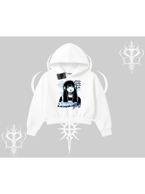 Frefly Store Tarzsokak Kapşonlu Crop Sweatshirt Cyber Y2K Anime Girl Street Sound Aesthetic, Beyaz, S