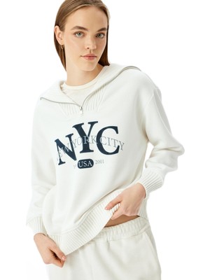 Frefly Store Koton Şardonlu Yarım Fermuarlı Baskılı Oversize Kolej Sweatshirt
