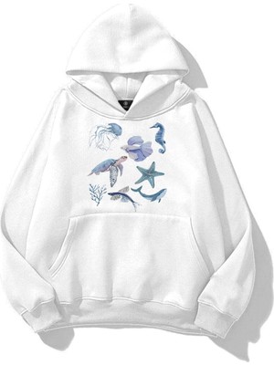 Frefly Store Tarzsokak Kadın Sea Elements Sweatshirt Beyaz, Beyaz-98, L