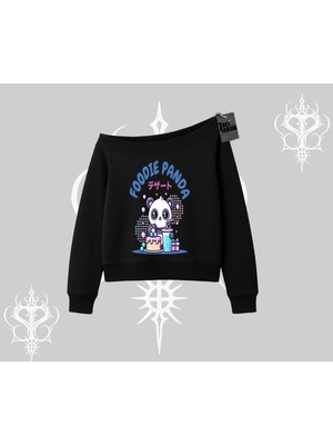 Frefly Store Tarzsokak Kayık Yaka Sweatshirt Foodie Panda Tatlı ve Sevimli Panda Baskılı, Siyah, Xl