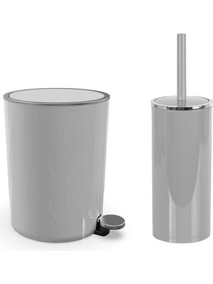 Lenox 5 Lt Pedallı Banyo Çöp Kova Tuvalet Fırçası Set Gri 2'li