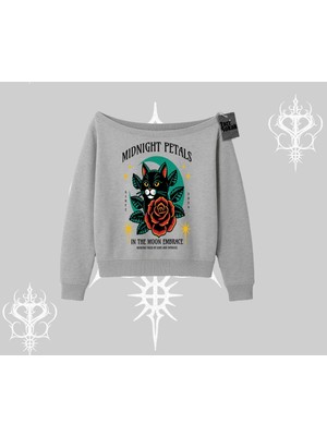Frefly Store Tarzsokak Midnight Petals Kedi Baskılı Kayık Yaka Sweatshirt, Gri, L