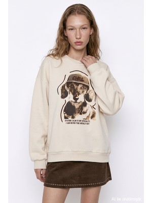 Quzu Chill Köpek Baskılı Oversize Sweatshirt Bej