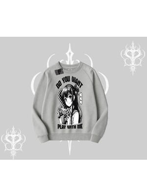 Frefly Store Tarzsokak Biskilet Sweatshirt Do You Want Play With Me Anime Kız Baskılı, Gri, Xl