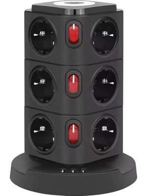 Frefly Store Smayling Tower Tipi Akım Korumalı Priz - 12 Prizli ve 4 USB Girişli, Bireysel Anahtarlı, Kısa Devre Koruma, Masa Üstü Dikey Tasarım - Ev ve Ofis Için Düzenli Çözüm