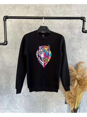 Frefly Store Tarzsokak Siyah Oversize Kaplan Baskılı Kapşonsuz 0 Yaka Pamuklu Unisex Sweatshirt, Siyah, L