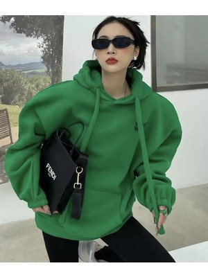 Frefly Store Tarzsokak Büyük Beden Özel Tasarım Kapüşonlu Work Work Baskılı Geniş Oversize Kadın Sweatshır Yeşil, Yeşil, M