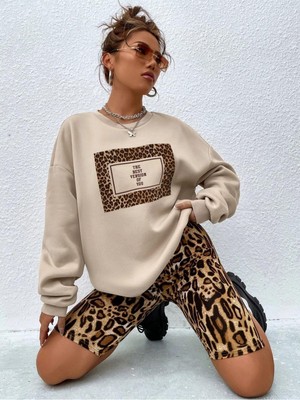 Frefly Store Tarzsokak Kadın Bej Leopar Oversize Bisiklet Yaka Sweatshirt Leoparsweat Bej, Bej, L