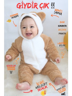Baby Animals Welsoft Peluş Unisex Fermuarlı Kışlık Bebek Uyku Tulumu Bebek Tulumu Çocuk Tulumu Çocuk Kostümü