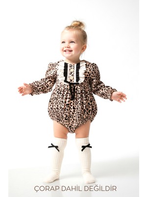 Baby Animals Kız Bebek Kız Çocuk Romper Doğum Günü Parti Düğün Leopar Romper Dantelli Fiyonklu Uzun Kol Romper