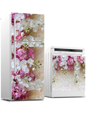 Renas Store Buzdolabı ve Bulaşık Makinası Beyaz Eşya Sticker Kaplama Beyaz Çiçekler