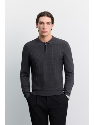 AVVA Erkek Antrasit Polo Yaka Fermuarlı Rayon Karışımlı Regular Fit Kazak A62Y5022