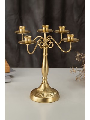 Chavin 5 Gözlü Şık Restoran Düğün Şamdan Dekoratif Metal Mat Gold Mumluk MT282SR
