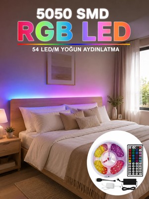 Zenviaa 5050 Smd Rgb LED Şerit 5 Metre Kumandalı Renkli Tv Oda Masa Arkası Dekoratif Aydınlatma
