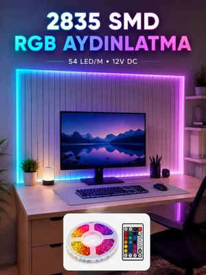 Zenviaa 5m Rgb Şerit LED Seti 12V 2835 Smd Kumandalı Ev Oda ve Dekoratif Ambiyans Aydınlatma Znv2