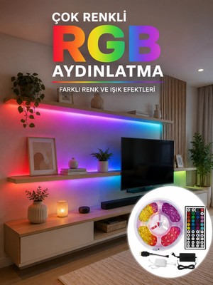 İlk El Grup 5 Metre Kumandalı Rgb LED Şerit 5050 Smd 54 Led/m Renk Değiştiren Ambiyans Aydınlatma