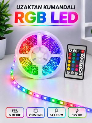 Zenviaa Rgb Şerit LED 5 Metre 12V 2835 Smd Kumandalı Renkli Oda ve Ev Aydınlatması ZNV20245
