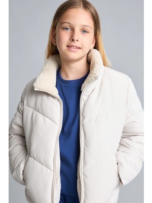 DeFacto Oversize Peluş Yaka İçi Detaylı Kapitone Fermuarlı Şişme Mont Kız Çocuk H8014A826AU
